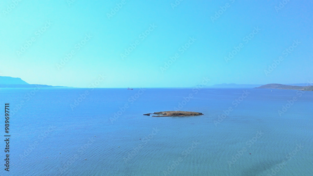 Aerial view of Pouda Beach and the pink pond behind it located opposite Elafonisos Island Peloponnese Region Greece Aerial view of Pouda Beach and the pink pond behind it located opposite Elafonisos Island Peloponnese Region Greece