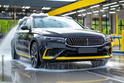 A car wash in action, with soap suds and water jets cleaning the surface of a shiny vehicle