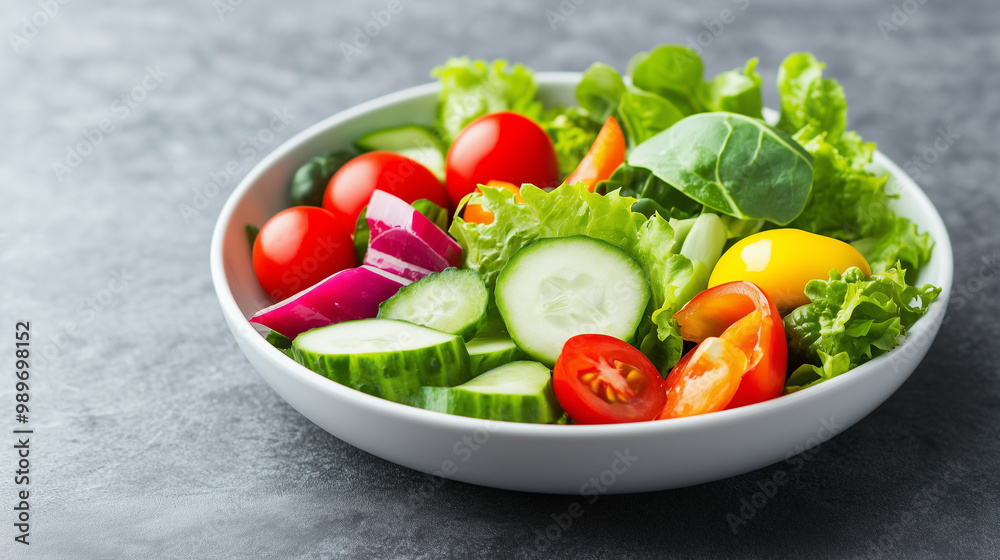 Fresh salad with vibrant vegetables including tomatoes, cucumbers, and leafy greens, perfect for healthy meal or snack. Fresh salad with vibrant vegetables including tomatoes, cucumbers, and leafy greens, perfect for healthy meal or snack.