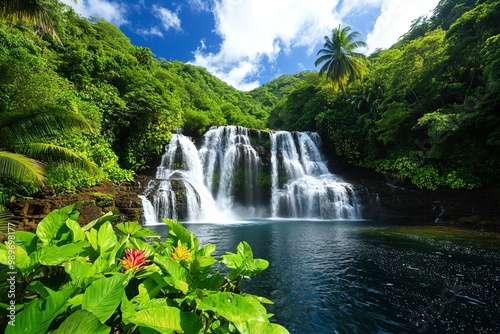 A cascading waterfall in a tropical jungle, surrounded by lush green vegetation and brightly colored flowers