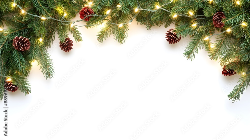 decorative christmas border with coniferous branches and garlands of christmas lights isolated on white background