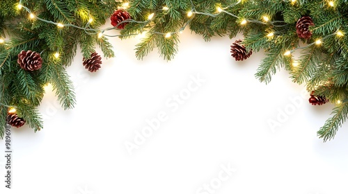 Obraz na płótnie decorative christmas border with coniferous branches and garlands of christmas lights isolated on white background
w salonie
