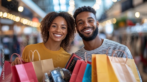 A smiling BIPOC couple looking at electronics in a store while holding shopping bags with a Black Friday promotional banner displayed above them Large space for text in center Stock Photo with copy
