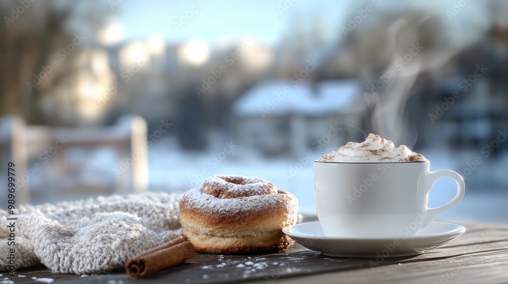 Winter delight: aesthetics of steaming cup of hot drink against stunning winter backdrop, showcasing serene and comforting atmosphere of enjoying warming beverage on picturesque day Winter delight: aesthetics of steaming cup of hot drink against stunning winter backdrop, showcasing serene and comforting atmosphere of enjoying warming beverage on picturesque day
