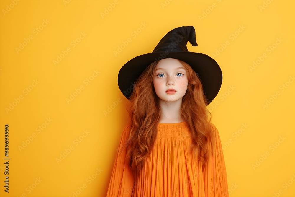 Little girl in witch costume isolated on yellow background. Halloween celebration concept. Party or children carnival. Happy holiday. Banner, greeting card with copy space Little girl in witch costume isolated on yellow background. Halloween celebration concept. Party or children carnival. Happy holiday. Banner, greeting card with copy space