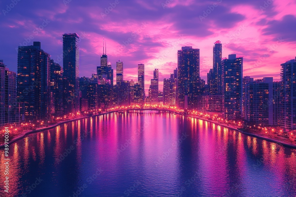 Fototapeta premium Cityscape at Sunset with Vibrant Reflections