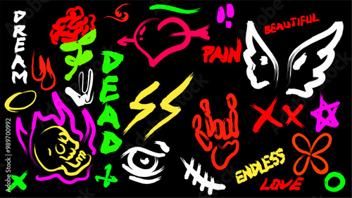 set of doodle colorful stickers punk rock and roll, love,skull,dream, pain. hand drawn illustration