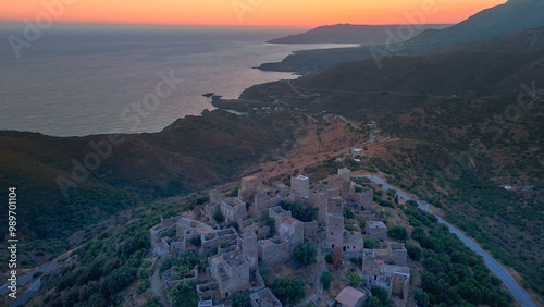 greece peloponnese region vathia town seaside and architecture stone houses beaches and church aerial view photo