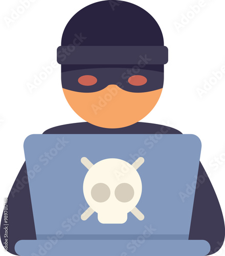 Masked hacker is using a laptop to commit cyber crime