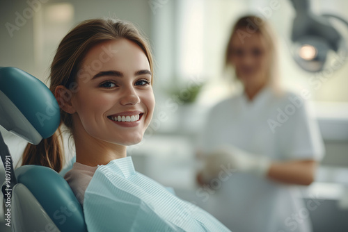 Female dental patient smiling in a dentist chair with doctor in the background