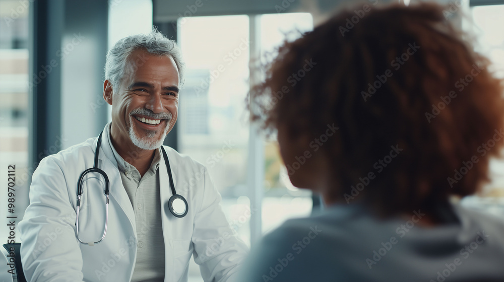 Fototapeta premium Smiling doctor speaking with patient in a consultation room