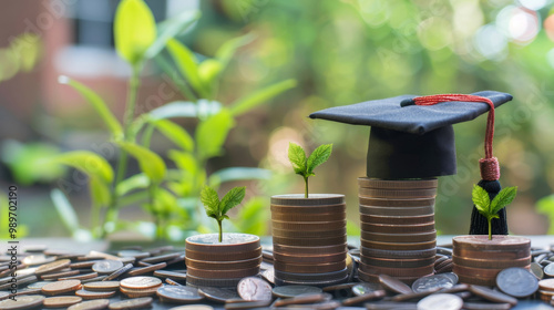 Graduation cap on stacked coins with small plants growing, symbolizing education investment and financial growth in a natural, green environment