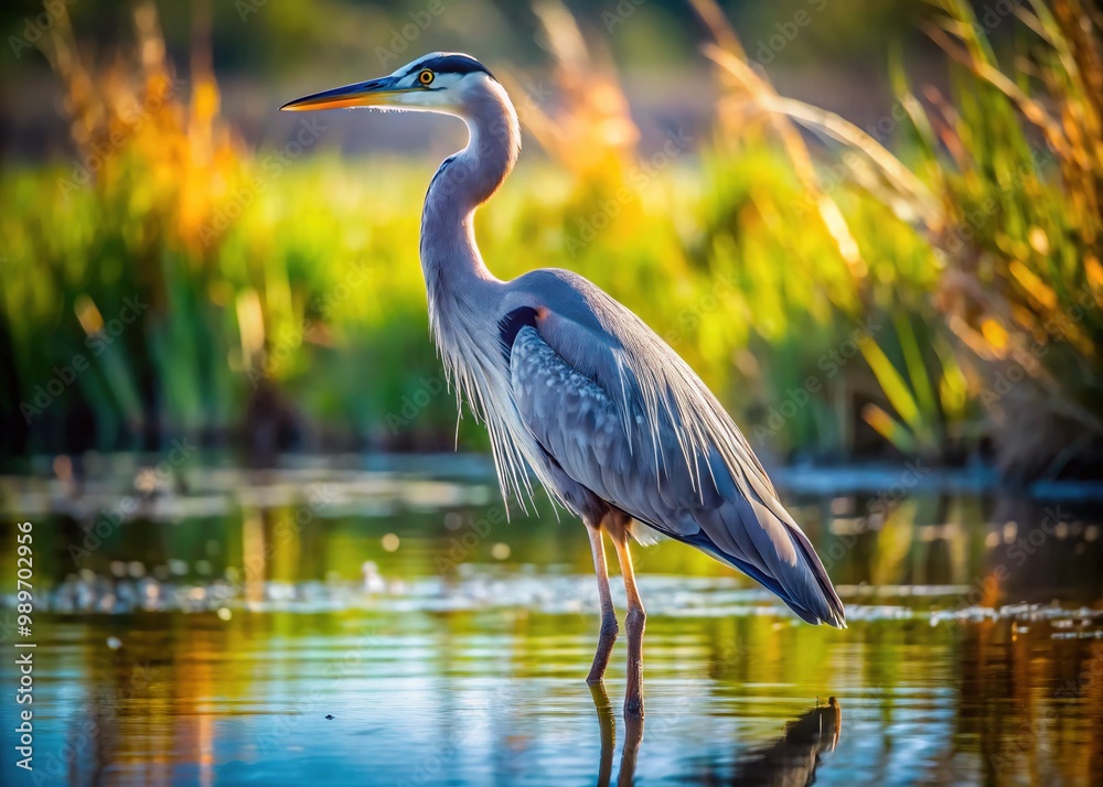 A majestic blue heron stands statuesque in shallow water, its gray-blue feathers glistening in the sunlight, with a serene and tranquil wetland background. A majestic blue heron stands statuesque in shallow water, its gray-blue feathers glistening in the sunlight, with a serene and tranquil wetland background.