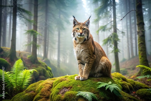 A majestic lynx with piercing eyes and fluffy fur sits atop a moss-covered rock in a serene, misty forest, surrounded by ancient trees and ferns. photo