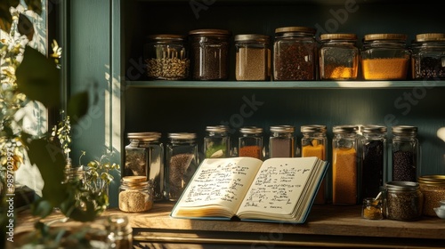 A shelf in a kitchen with a recipe notebook open, surrounded by jars of spices and cookbooks for a homely atmosphere.