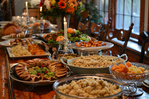 Thanksgiving Feast featuring a bountiful table set with traditional turkey, stuffing, and festive dishes, waiting for guests to arrive