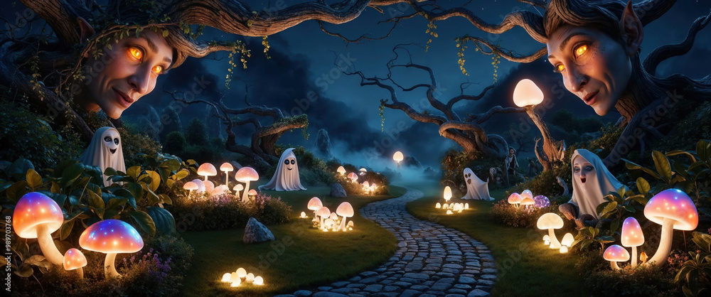 Obraz premium Enchanted Forest with Glowing Mushrooms and Playful Ghosts