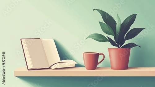 A stylish office shelf with a closed notebook, a cup of coffee, and a potted plant, creating an inspiring workspace.