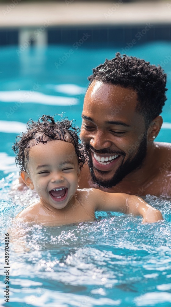 A father joyfully guides his child to swim, creating cherished memories of support and love A father joyfully guides his child to swim, creating cherished memories of support and love