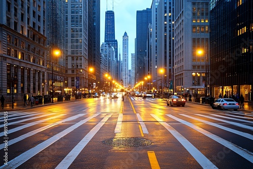 A city street at dawn, with soft light reflecting off skyscrapers and people beginning their morning commute