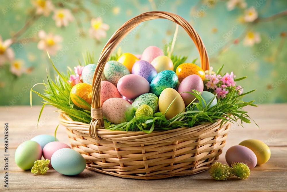 Vibrant pastel-colored Easter basket overflowing with soft, fluffy grass, decorated eggs, and wrapped candies against a soft, creamy white background with subtle texture. Vibrant pastel-colored Easter basket overflowing with soft, fluffy grass, decorated eggs, and wrapped candies against a soft, creamy white background with subtle texture.