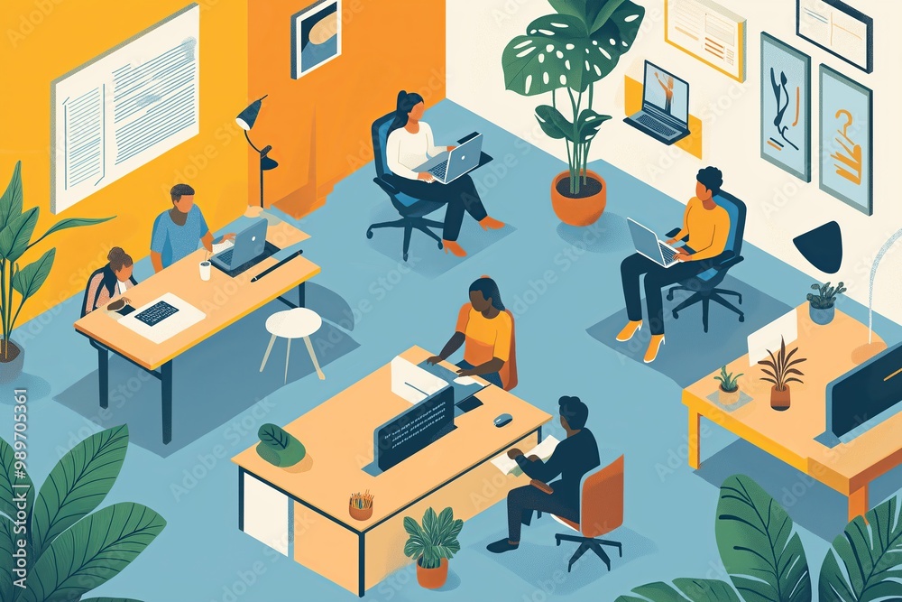 Ilustración de oficina con trabajadores online.generativa ia