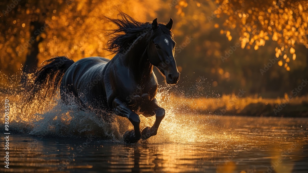 a black horse across the river at forest on golden time a black horse across the river at forest on golden time