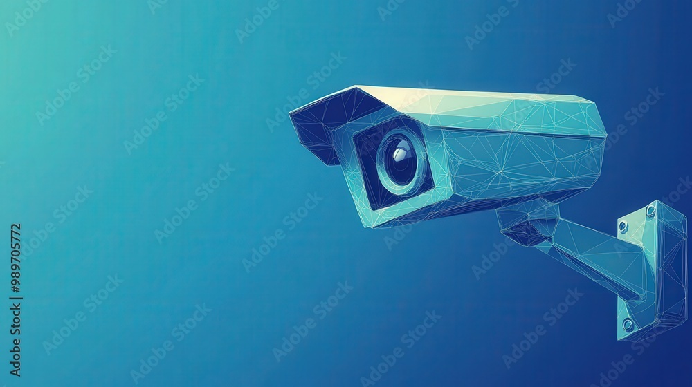 Minimalist Low Poly Wireframe CCTV Camera on Blue Background Minimalist Low Poly Wireframe CCTV Camera on Blue Background