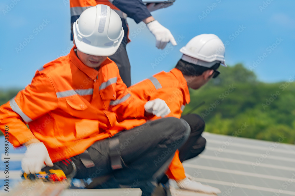 Worker Technicians are working to construct solar panels system on roof. Installing solar photovoltaic panel system. Men technicians walking on roof structure to check photovoltaic solar modules. Worker Technicians are working to construct solar panels system on roof. Installing solar photovoltaic panel system. Men technicians walking on roof structure to check photovoltaic solar modules.