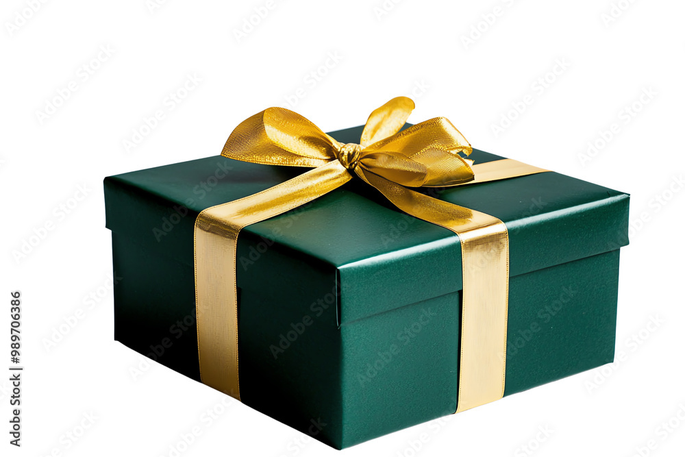 Obraz premium Elegant Green Gift Box with Gold Ribbon and Bow, Perfect for Holidays, Birthdays, and Special Occasions, Isolated on White Background