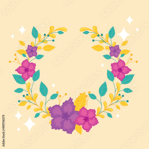 Purple and yellow flowers arranged in floral wreath Vector