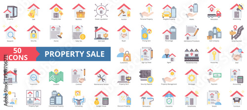 Property sale icon collection set. Containing estate liquidation, business, auction, ownership, management, home relocation, home inspection icon. Simple flat color illustration.