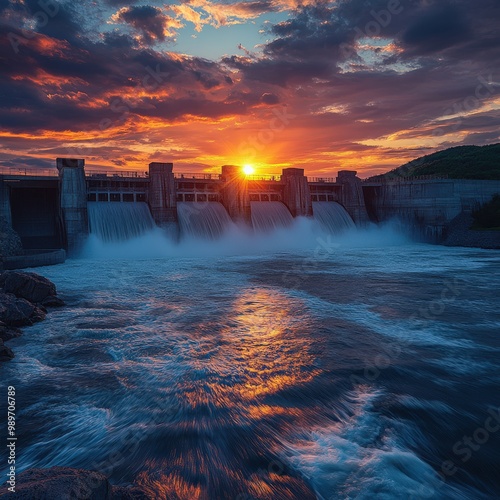 Hydroelectric dam generating clean energy with rushing water and turbines