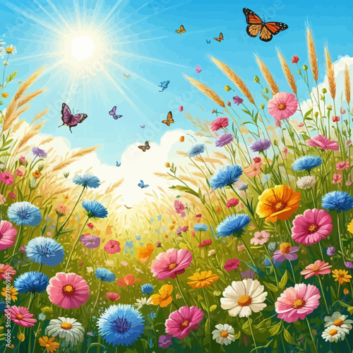 Underwater cartoon illustration of tropical flowers and butterflies with fish swimming in the blue ocean