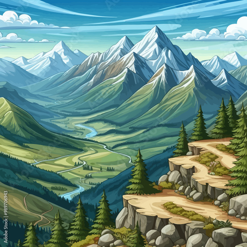 Green alpine mountain landscape with summer forest and snowy peaks under a scenic sky