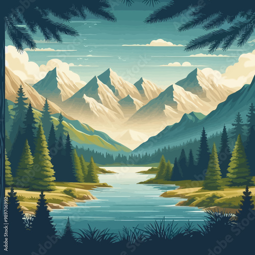 Majestic mountain landscape with a serene lake reflecting the sky, clouds, and surrounding peaks, lush green forests, and snow-capped glaciers under a vast sky