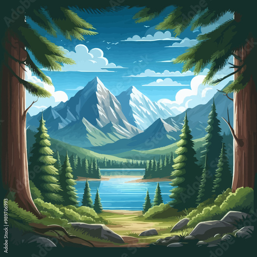 Majestic summer mountain landscape with a serene lake and lush green pine forest under a clear sky