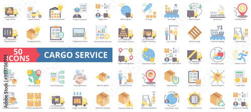 Cargo service icon collection set. Containing express delivery, warehousing, customs clearance, supply chain, global logistics, air cargo, sea freight icon. Simple flat color illustration.