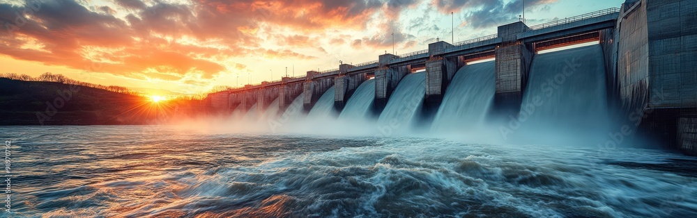 Hydroelectric dam generating clean energy with rushing water and turbines Hydroelectric dam generating clean energy with rushing water and turbines