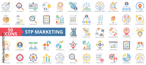 STP marketing icon collection set. Containing target audience, customer needs, value proposition, loyalty program, marketing mix, retention, buyer persona icon. Simple flat color illustration.