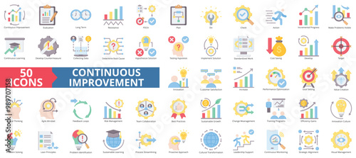 Continuous improvement icon collection set. Containing business, evaluation, innovation, hypothesis, management, optimization, performance icon. Simple flat color illustration.