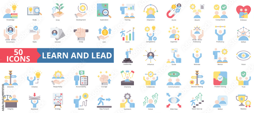 Fototapeta premium Learn and lead icon collection set. Containing knowledge, study, grow, development, exploration, training, adaptation icon. Simple flat color illustration.