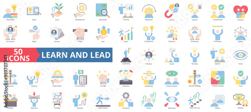 Learn and lead icon collection set. Containing knowledge, study, grow, development, exploration, training, adaptation icon. Simple flat color illustration.