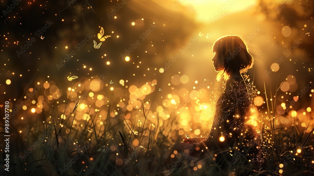 Enchanted Sunset: A Girl Surrounded by Golden Light and Fireflies Enchanted Sunset: A Girl Surrounded by Golden Light and Fireflies