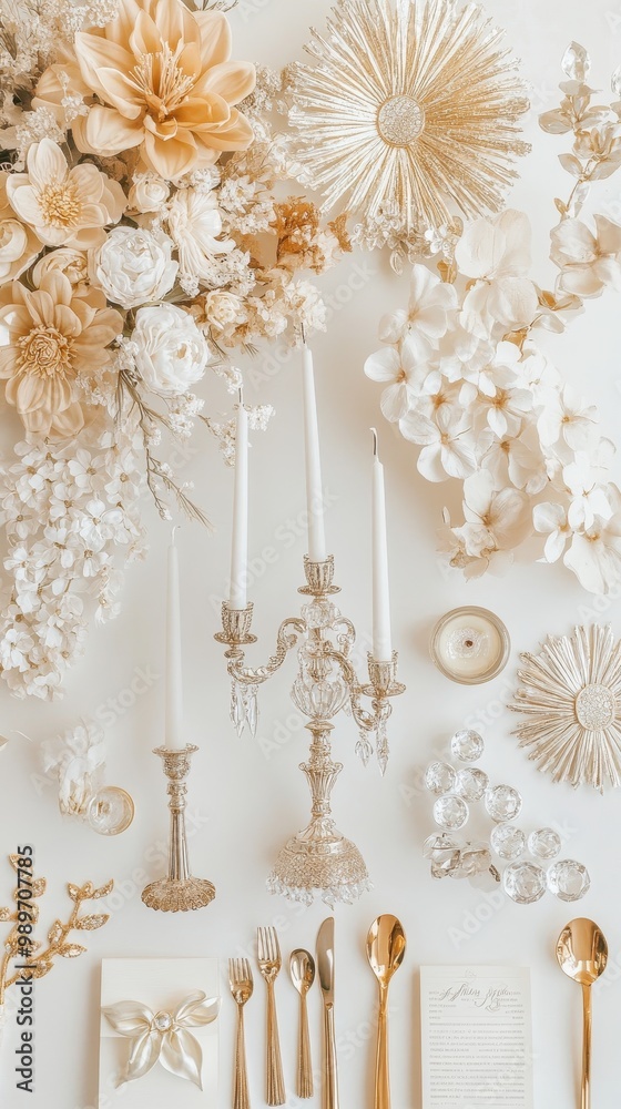A variety of wedding decorations: silk flowers, crystal candle holders, and place cards A variety of wedding decorations: silk flowers, crystal candle holders, and place cards