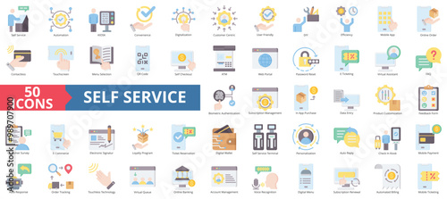 Self service icon collection set. Containing automation, kiosk, convenience, digitalization, customer centric, user friendly, diy icon. Simple flat color illustration.