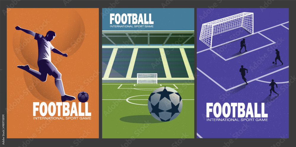 Football posters set. Covers with football players playing with ball on football field. International sports game match and competition. Cartoon vector illustration collection isolated on background Football posters set. Covers with football players playing with ball on football field. International sports game match and competition. Cartoon vector illustration collection isolated on background