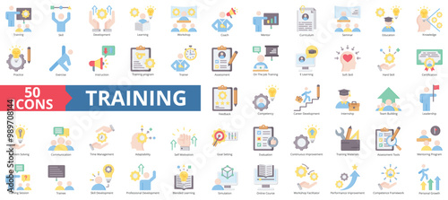 Training icon collection set. Containing development, learning, workshop, coach, mentor, curriculum, seminar icon. Simple flat color illustration.