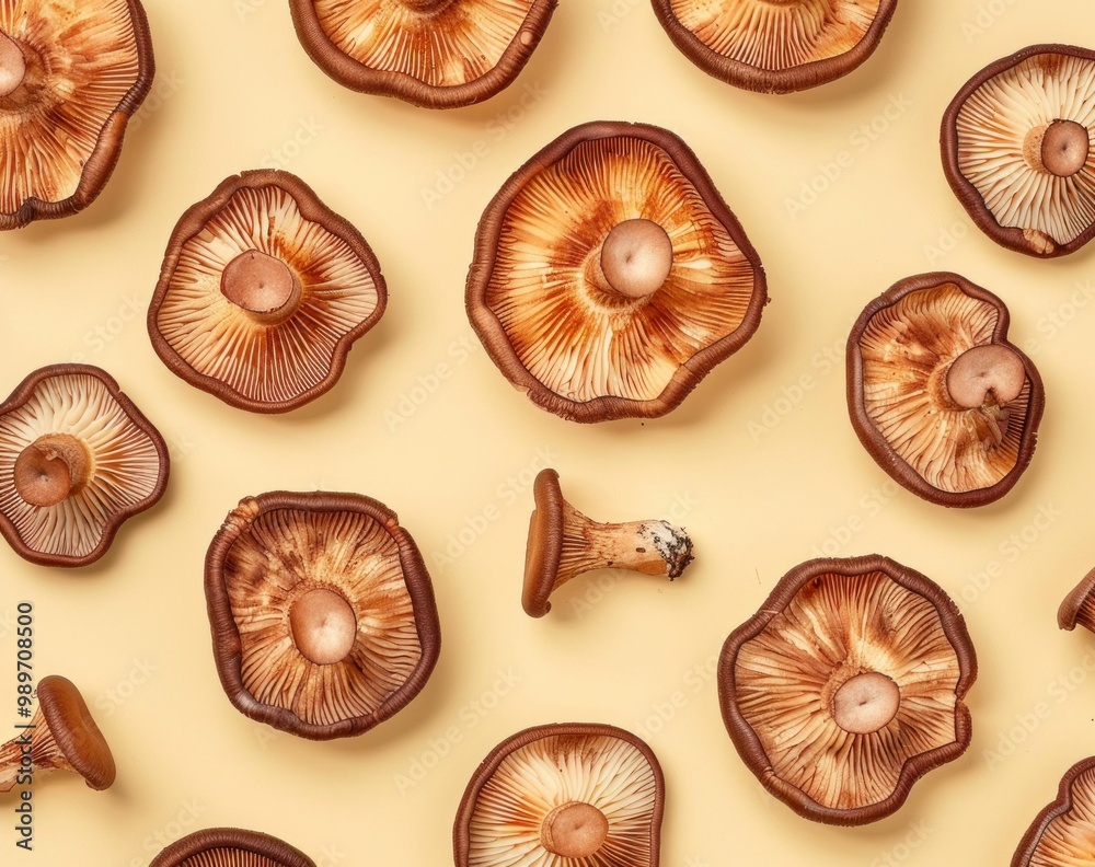Mushrooms on a yellow background, showcasing their intricate textures and patterns, ideal for food related concepts and nature themes Perfect for culinary and organic imagery Mushrooms on a yellow background, showcasing their intricate textures and patterns, ideal for food related concepts and nature themes Perfect for culinary and organic imagery