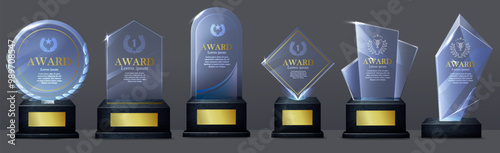 Glass award trophy set. Transparent prize statues for awarding first place winners. Crystal reward or trophy to celebrate victory. Realistic 3D vector illustration collection isolated on background